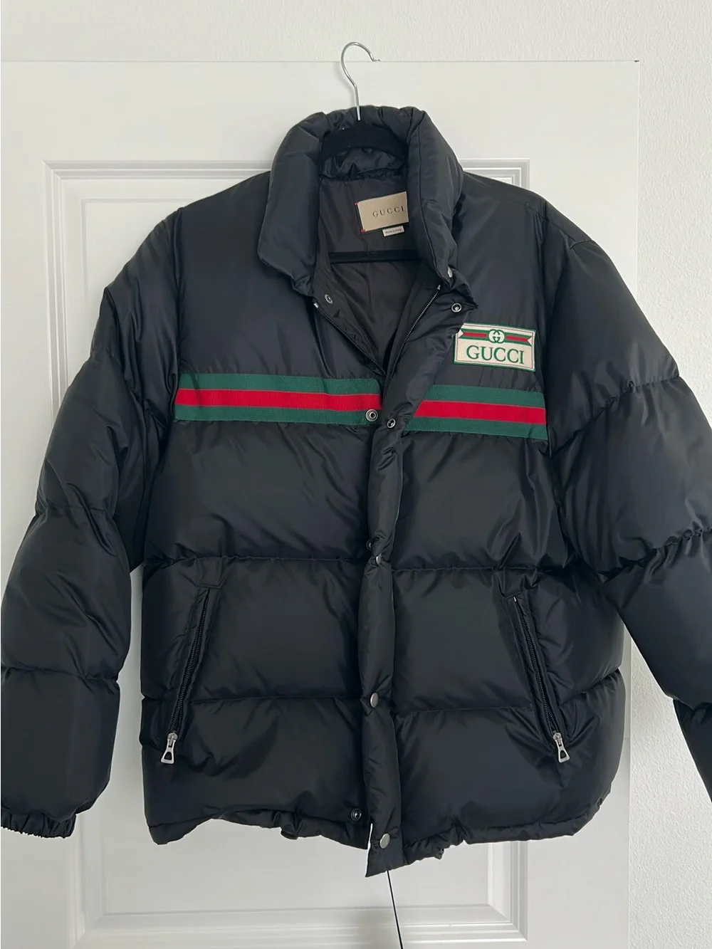 Gucci Black Puffer Jacket with Green and Red Web Stripe